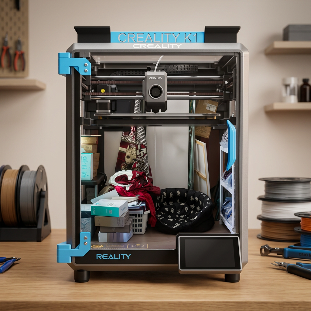 Creality K1 CoreXY FDM-3D-Drucker auf einer Holzwerkbank, daneben Filamentrollen und Werkzeuge