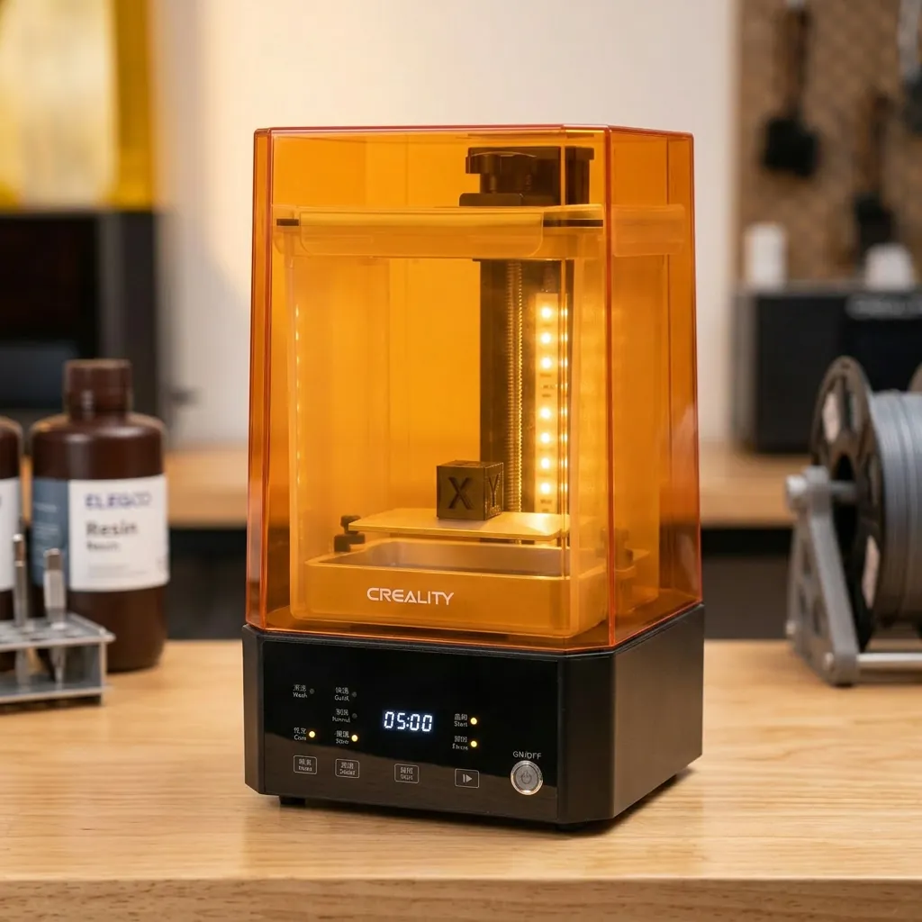 Creality UW-01 im Cure-Modus mit leuchtenden UV-LEDs und einem würfelförmigen Resin-Teil auf dem Drehteller