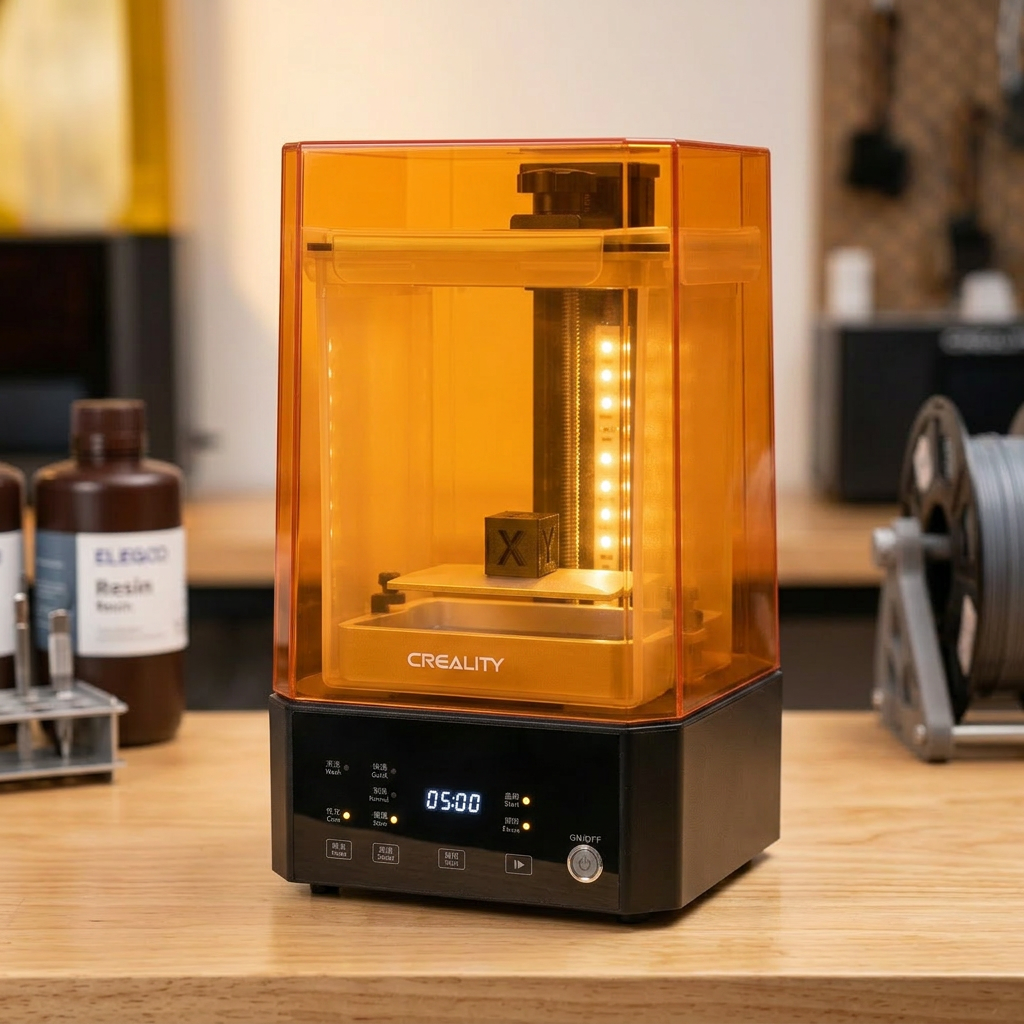 Creality UW-01 im Cure-Modus mit leuchtenden UV-LEDs und einem würfelförmigen Resin-Teil auf dem Drehteller